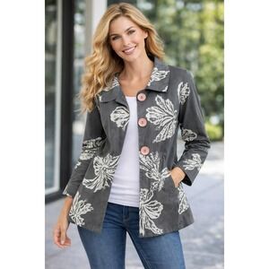 3 Sisters Women Gray Off White Floral Pink Lg Button Closure Lightweight Jacket